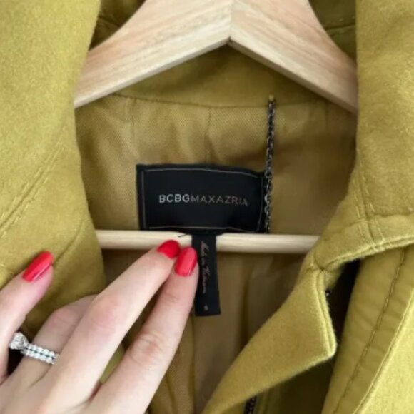 BCBGMAXAZRIA Wool-Cashmere Ruffle Zip Up Pea Coat Green Ochre S - Picture 11 of 13